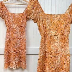 Sim Sam Dress Orange Cottagecore Beachy Floral Tiered Square‎ Neck Sundress S